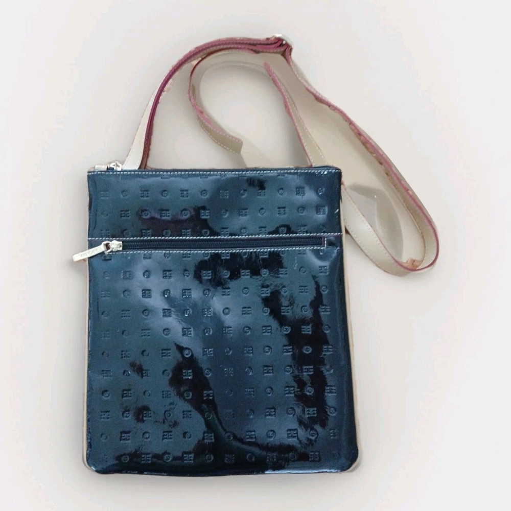 Arcadia Patent Leather‎ Crossbody Bag Black Tan Strap Adjustable Made In Italy